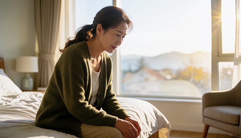 새벽에 종아리를 붙잡고 있는 여성