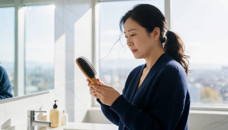 빗에 엉킨 머리카락을 살펴보는 여성