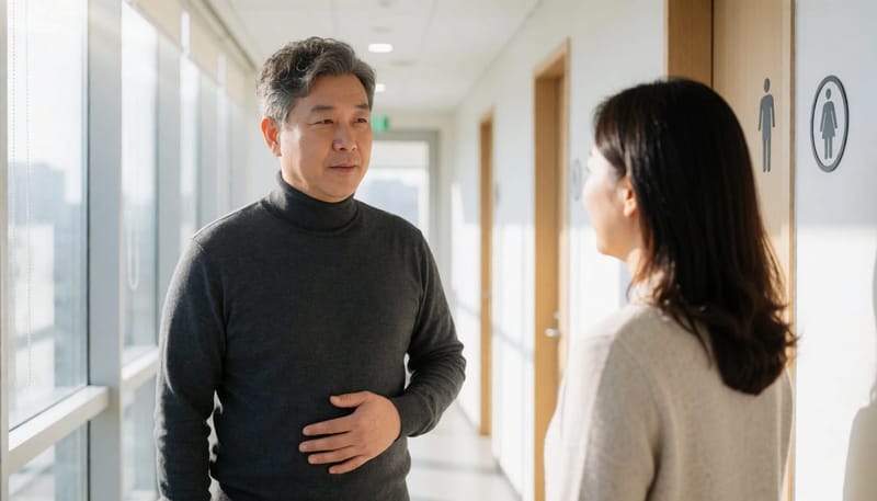 복부 불편감을 느끼며 화장실 앞에 서 있는 남성