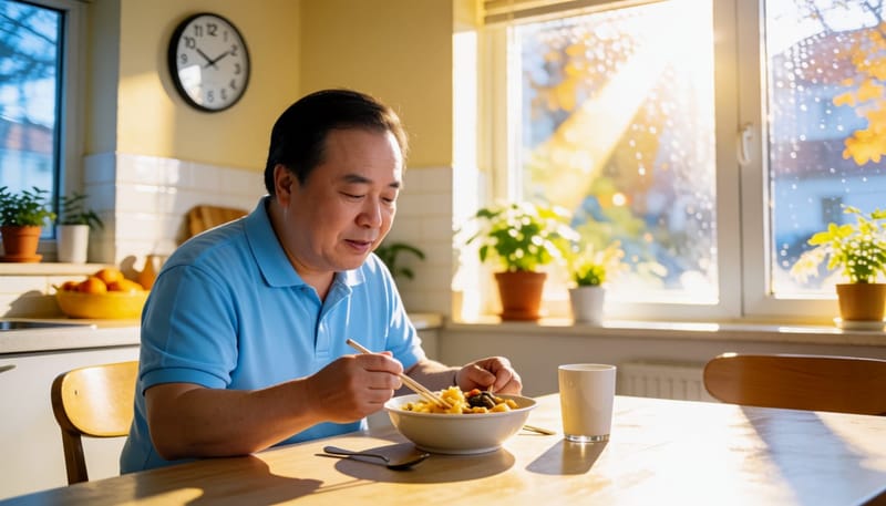 늦은 밤 혼자 식사하는 남성의 모습