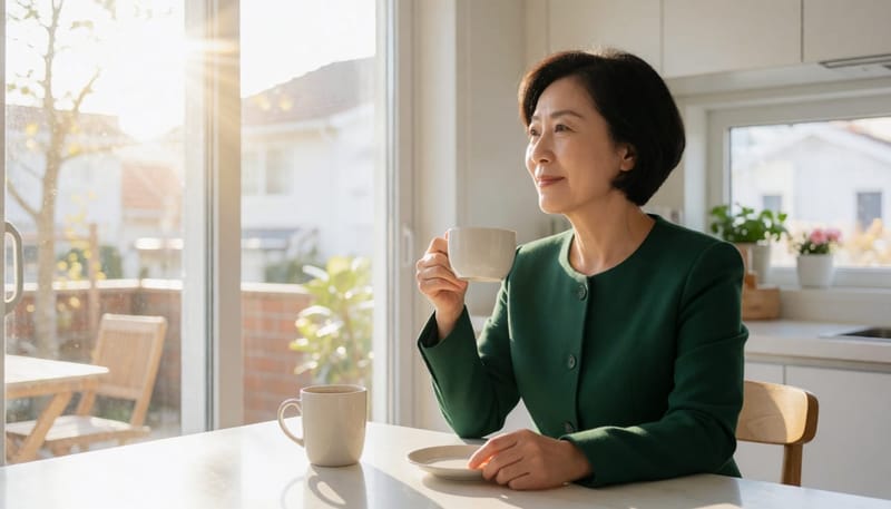 오후 늦게 커피를 마시며 생각에 잠긴 여성