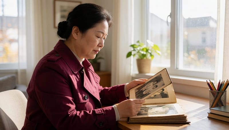 창가에서 사진첩을 보는 50대 여성