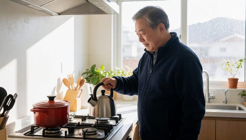 주방에서 조리 순서를 헷갈려하는 70대 남성