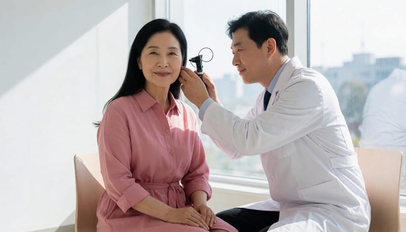 중년 여성이 병원에서 청력 검사를 받는 모습