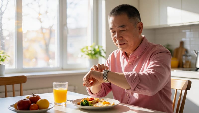 평일 아침 식사 시간을 확인하는 남성