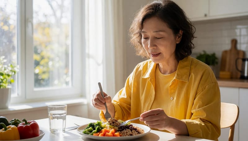 채소와 통곡물로 식사를 준비하는 중년 여성