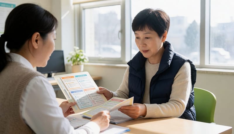 복지상담실에서 상담받는 중년 여성
