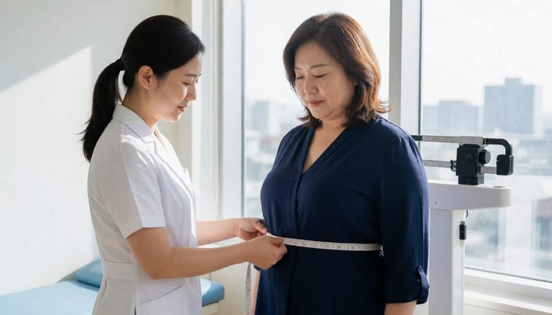 병원에서 허리둘레를 측정받는 중년 여성