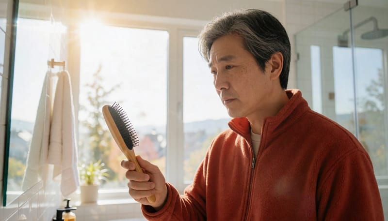 빗에 머리카락이 많이 엉켜 있는 모습을 보는 남성