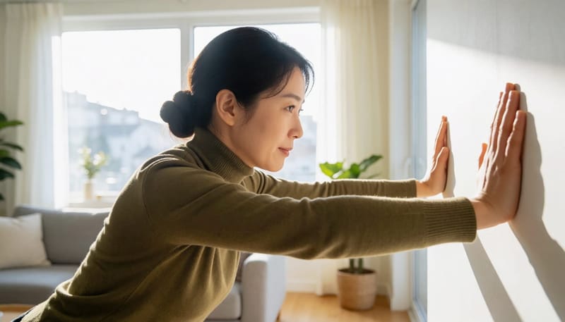 집 거실에서 벽을 짚고 팔굽혀펴기 하는 여성