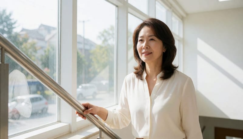 계단을 오르는 중년 여성의 모습