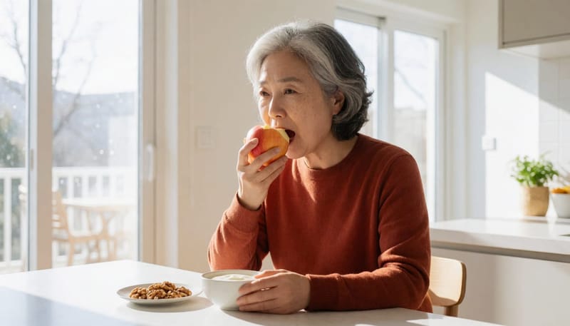 사과와 무가당 요거트, 견과류를 함께 먹는 여성