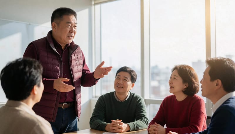 발표 중 말이 막혀 당황하는 남성