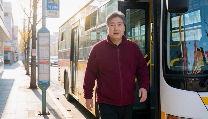 남성이 버스에서 내려 걷기 시작하는 모습