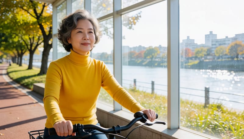 중년 여성이 강변 자전거길에서 자전거를 타는 모습