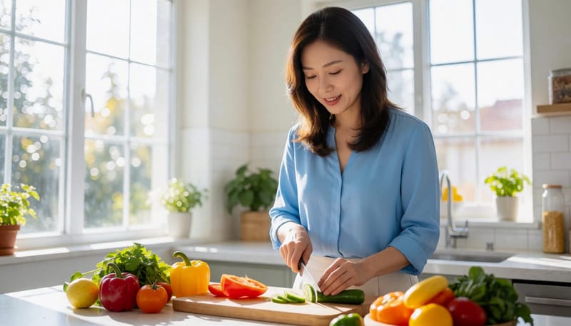 여성이 집 주방에서 채소와 과일을 손질하는 모습