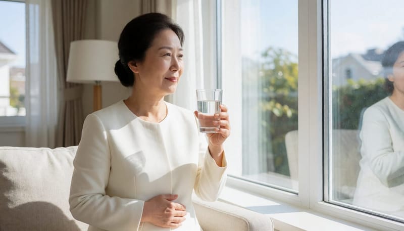 물을 마시며 속 편안함을 살피는 여성