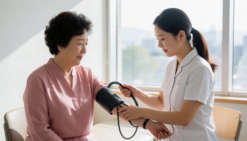간호사가 여성 환자의 혈압을 측정하는 모습