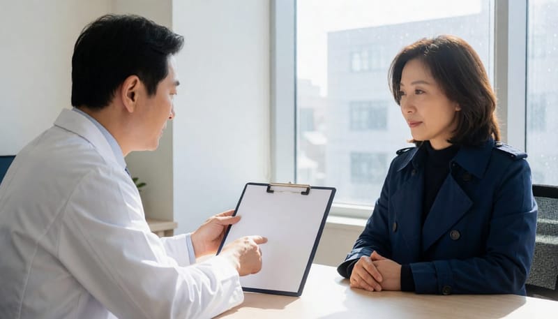 진료실에서 의사와 운동 계획을 상담하는 여성