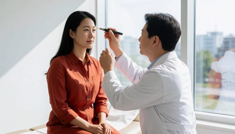 눈가 발진을 진료실에서 확인하는 의사와 환자