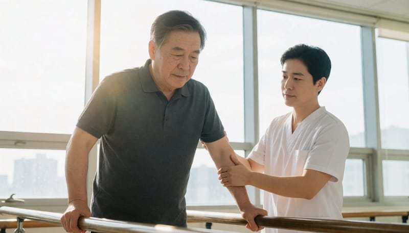 재활치료사와 균형 훈련을 하는 남성 환자