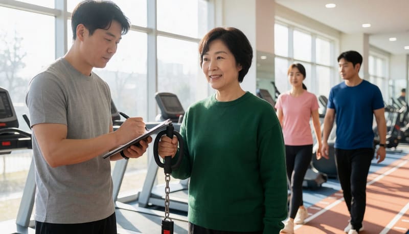 악력 측정과 보행 검사를 받는 여성