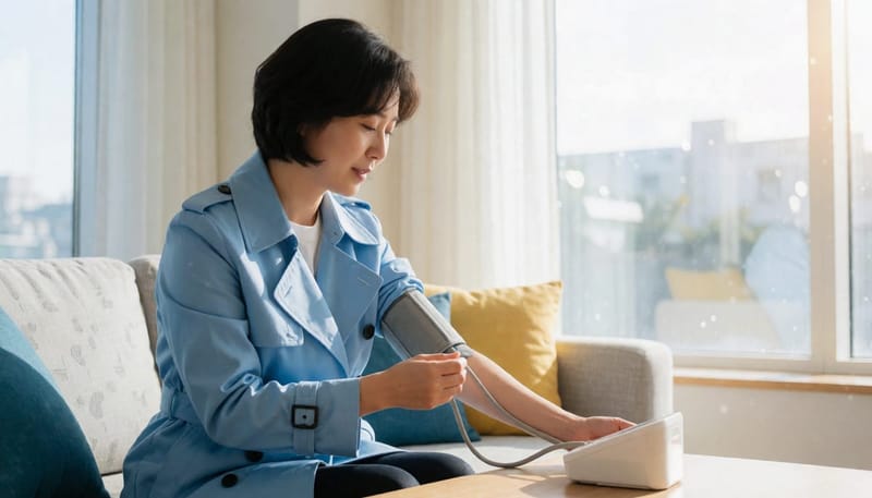 여성이 집에서 혈압을 측정하는 모습