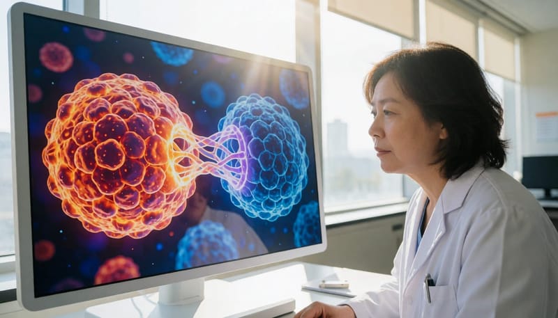 면역세포와 암세포 결합 원리를 설명하는 연구자