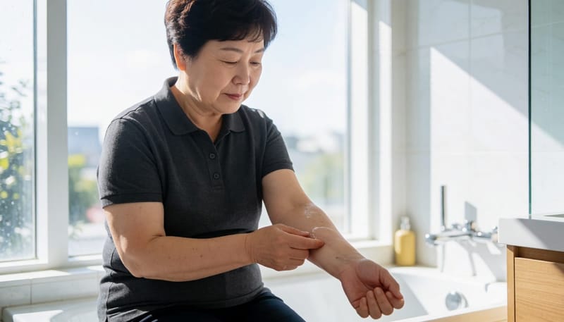 팔에 생긴 자주색 튼살을 살펴보는 여성