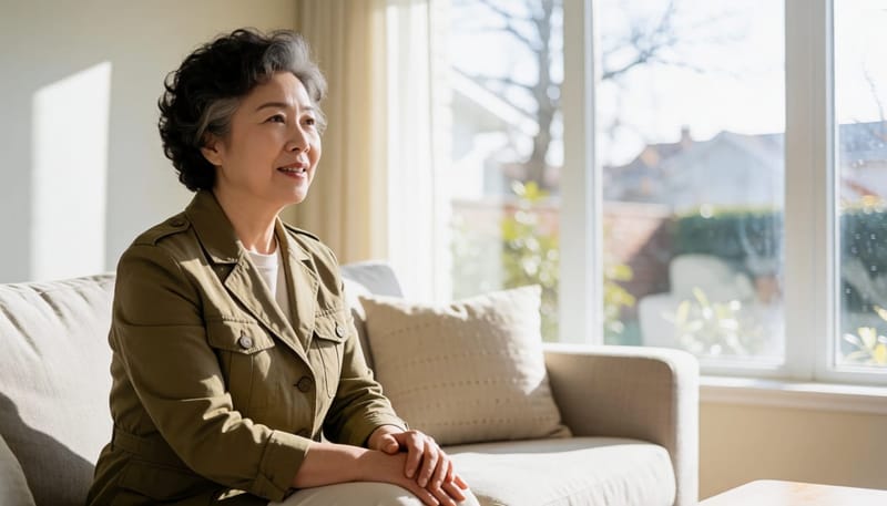 여성이 소파에서 아랫배를 손으로 짚고 있는 모습