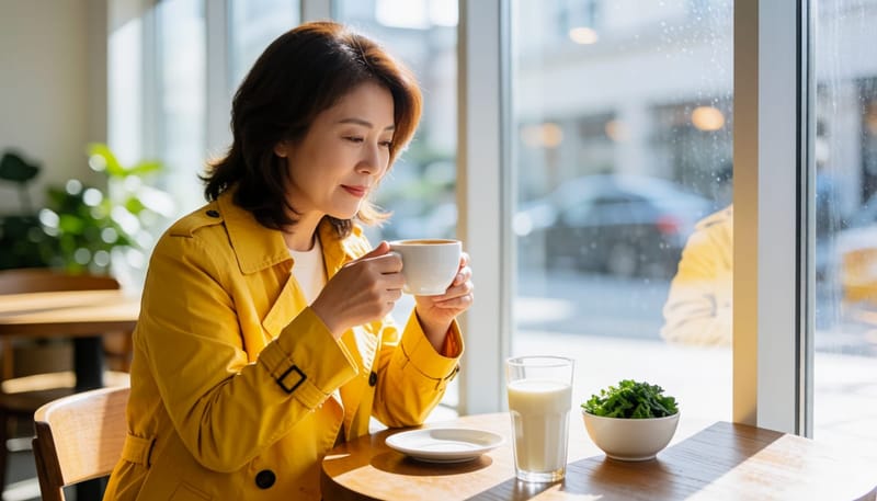 커피잔과 칼슘이 풍부한 음식을 함께 바라보는 여성