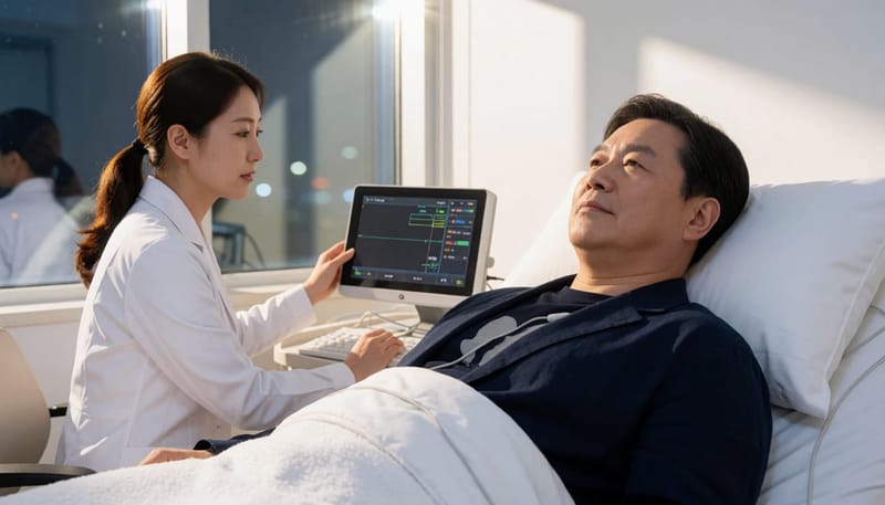 수면다원검사실에서 모니터링 받는 중년 남성