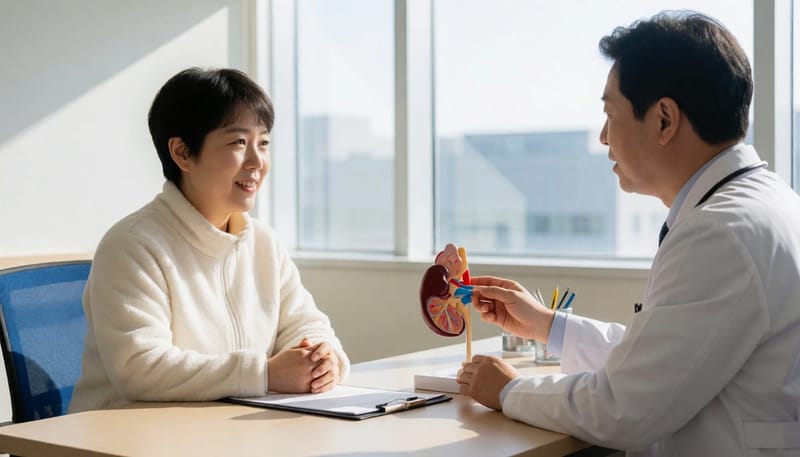 신장 모형을 보며 상담받는 젊은 여성 환자