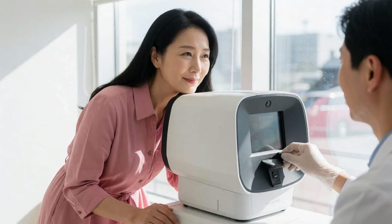 안과에서 망막 혈관 정밀검사를 받는 여성
