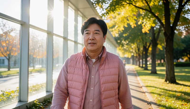 중년 남성이 공원에서 걷기 운동을 하는 모습