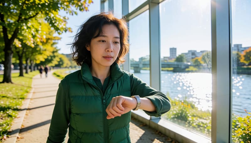 젊은 여성이 점심 식사 후 강변길을 걷는 모습