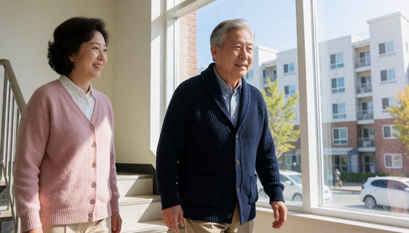 노년 남성이 저녁에 계단을 이용해 걷는 모습