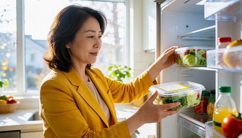 개봉한 냉장 식품의 보관 기한을 확인하는 모습