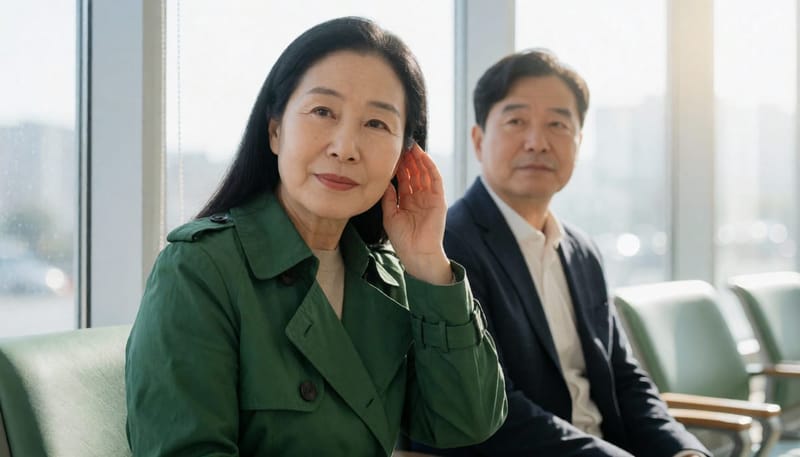 귀를 막막하게 느끼며 손을 대고 있는 노년 여성