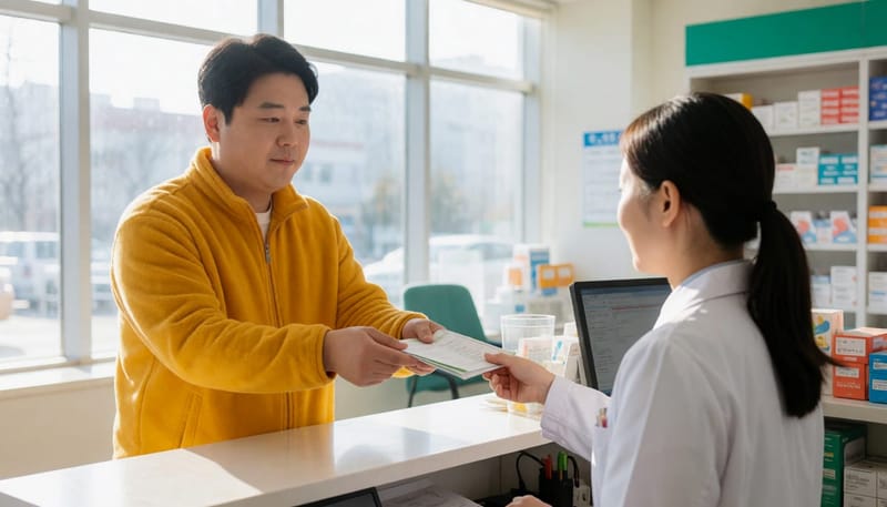 환자가 약사에게 복용약 목록 전달하는 모습