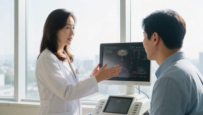내시경 검사 결과를 환자에게 설명하는 여의사