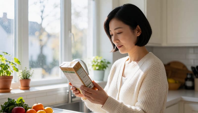 포장 식품 뒷면 영양정보 표시를 확인하는 여성