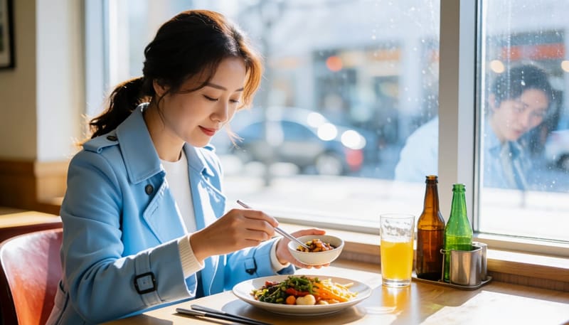 소스를 따로 덜어 사용하는 여성의 식사 모습