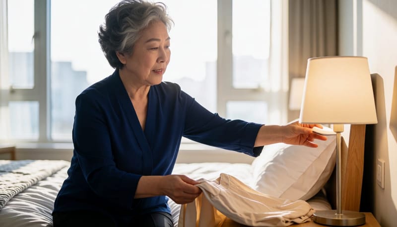 저녁에 조명을 낮추며 잠자리를 준비하는 여성