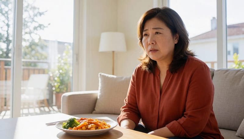 목 불편함을 느끾며 식사를 멈춘 여성