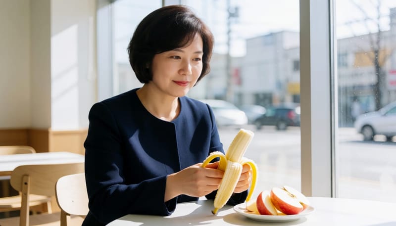 바나나와 사과를 간식으로 먹는 여성