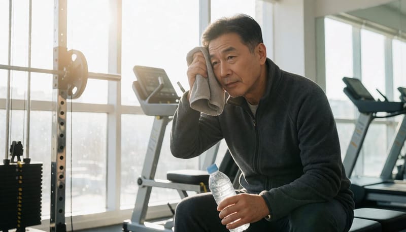 운동 후 땀을 닦으며 물을 마시려는 중년 남성