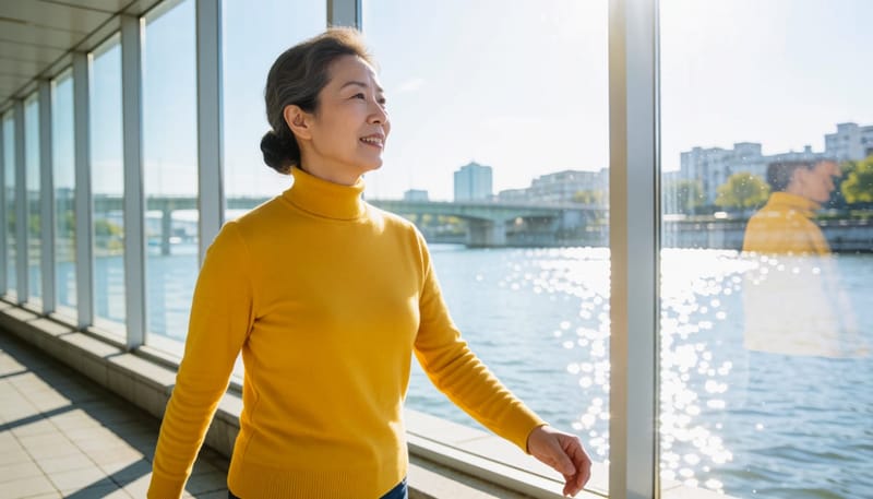 강변길에서 빠르게 걷고 있는 중년 여성
