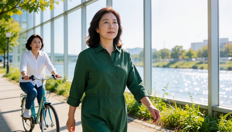 중년 여성이 강변길에서 걷기 운동을 하는 모습