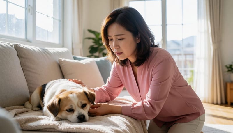 무기력해 보이는 반려견을 걱정스럽게 살피는 보호자
